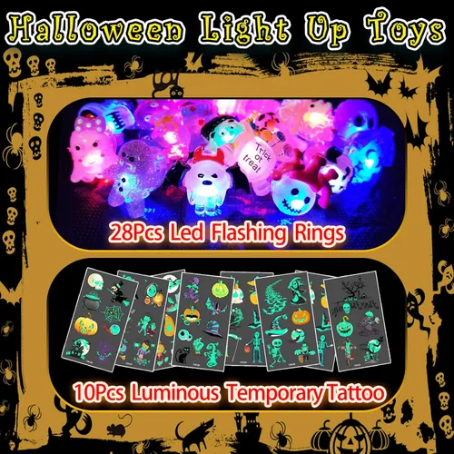 Vista 2 de 38 piezas de artículos de fiesta de Halloween para niños, anillos con luz 3D juguetes en cantidad golosinas de Halloween sin dulces, 28 anillos