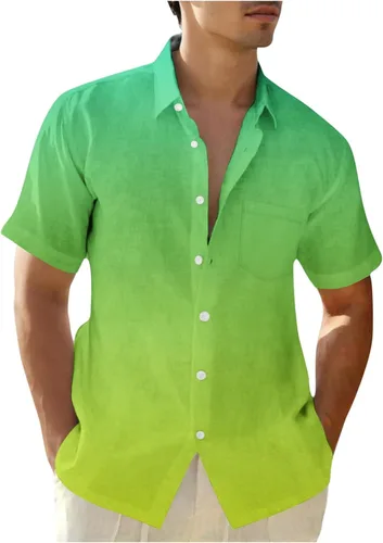 Vista 7 de Camisas con botones para hombre, de moda, de manga corta, color degradado, ajuste holgado, para vacaciones, playa, verano