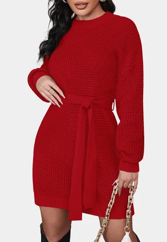 Vista 2 de ZESICA Women's 2024 Fall Long Sleeve Solid Color Waffle Knitted Tie Waist Tunic Pullover Sweater Dress