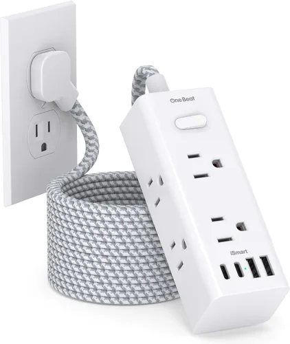 Vista 9 de One Beat Cable de extensión corto de 1 pie, regleta de alimentación de enchufe plano, protector de sobretensiones – 6 salidas amplias con 4 puertos