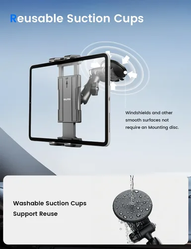 Vista 5 de OHLPRO Soporte para tablet para tablero de automóvil y parabrisas, soporte para iPad con ventosa, rotación de 360°, soporte retráctil ajustable