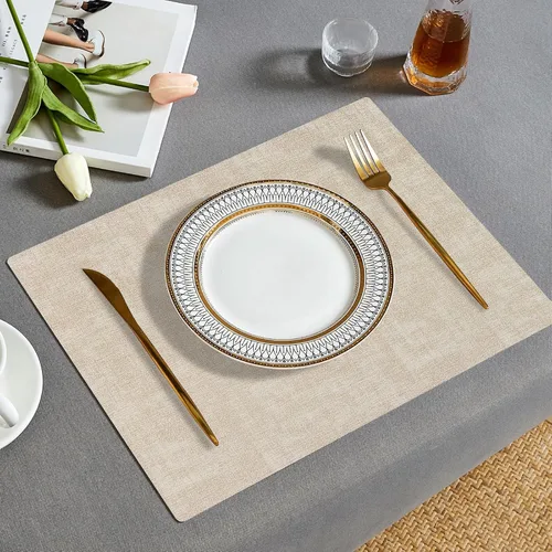 Vista 2 de Juego de 6 manteles individuales de piel sintética (beige) Heat Resistant Wipeable Washable Place Mats, Waterproof Anti-Slip Dining Table Mats