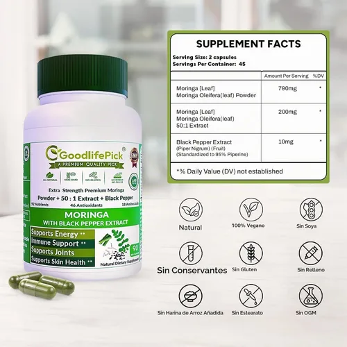 Vista 4 de Cápsulas de moringa prémium con pimienta negra. Polvo de oleifera de moringa y extracto de moringa 50:1 para obtener los máximos beneficios, 90