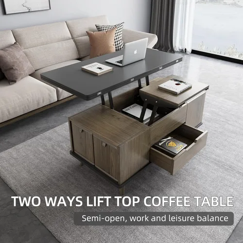 Vista 8 de Guyii Mesa de centro elevable de 38.97 pulgadas con 4 taburetes, mesa central multifuncional 3 en 1, mesa de comedor expandible para sala de estar