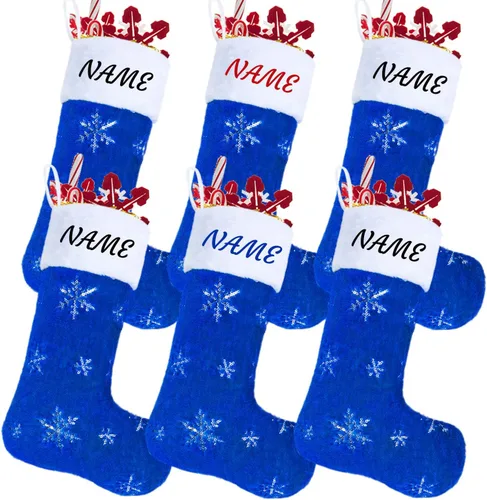 Vista 10 de Calcetines negros de piel sintética de Navidad, 1 paquete grande de 22 pulgadas, medias colgantes de felpa negra con nombre personalizado con copos