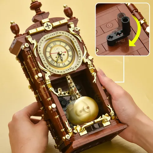 Vista 5 de Juego de construcción de reloj retro para adultos, modelo de reloj de péndulo vintage con engranajes giratorios, juguetes de bloques de construcción