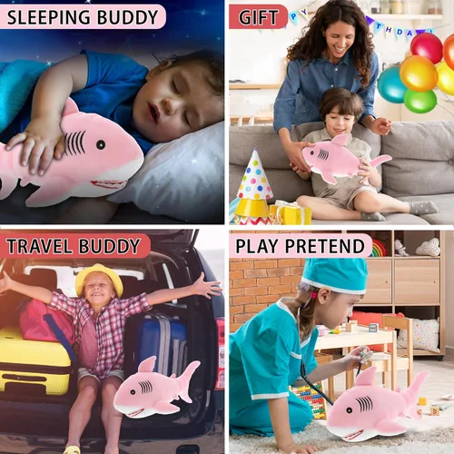 Vista 4 de DolliBu Peluche suave de tiburón rosa para bebé, peluche de tiburón de peluche para niños y niñas, juguetes de animales marinos y regalos