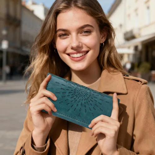 Vista 7 de APHISON Billetera para mujer, gran capacidad, monedero, tarjetero, RFID, pulsera, teléfono, cremallera, moneda, bolsillo de viaje azul