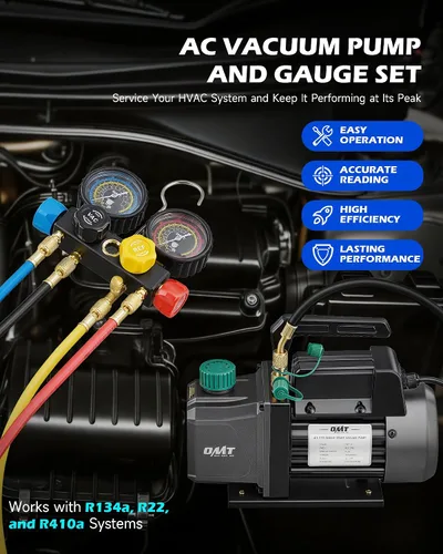 Vista 2 de Orion Motor Tech - Bomba de vacío de AC y juego de medidores, bomba de vacío de 1/3 hp, kit de manómetro de 4.5 cfm con detector de fugas, 4