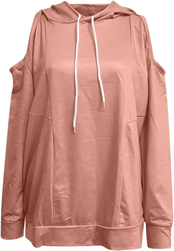 Vista 2 de Cold Shoulder Tops for Women 2023 Hooded Sweatshirt Casual Loose Drawstring Hoodies Pullover Solid Color Fall Clothes