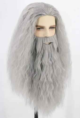 Vista 2 de Pelucas y barba para hombre, peluca larga de disfraz de Halloween gris