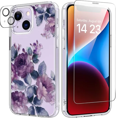 Vista 73 de bicol Funda para iPhone 14 Plus con Protector de Pantalla y Lente de Cámara - Diseños Florales de Moda para Mujeres y Niñas - Funda Transparente