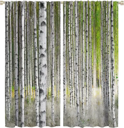 Vista 54 de Cortina opaca de bosque de verano, diseño de ramas de bosque, con bolsillo para barra, cortinas farbic con bolsillo para barra, comedor, cafetería