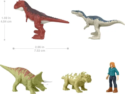 Vista 2 de Mattel Jurassic World Dominion Carnotaurus Clash Pack, 5 mini juguetes que incluyen 1 figura humana y 4 dinosaurios en paquete temático de camión