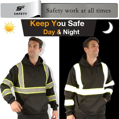 Vista 6 de sesafety Sudadera de alta visibilidad de clase 3 para hombre, sudadera con capucha, sudadera con capucha de seguridad de alta visibilidad negro-203