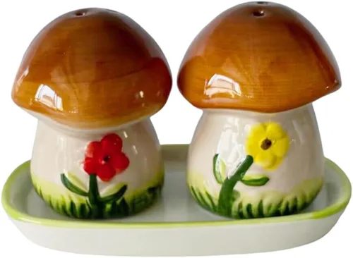 Vista 5 de Pintado a mano 3D cerámica sal y pimienta coctelera conjunto, setas