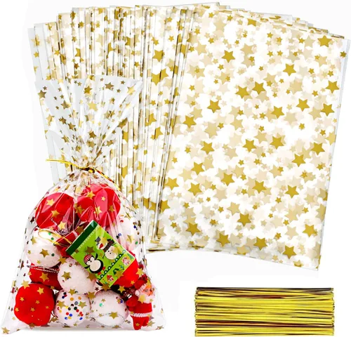 Vista 21 de 100 bolsas de celofán, bolsas de celofán transparente impresas con estrellas doradas de 3 x 5 pulgadas, 100 lazos giratorios, para envolver regalos