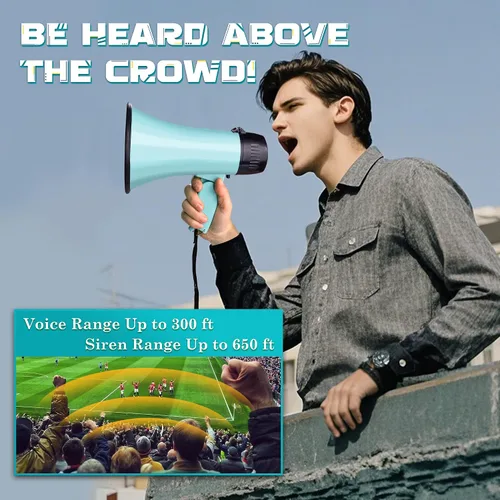 Vista 3 de MyMealivos 20W Megaphone Bullhorn, Built in Siren & 240s Recording, 5.4"×8.6" Portable Megaphone with Volume Control Cover Up to 300 feet+ for