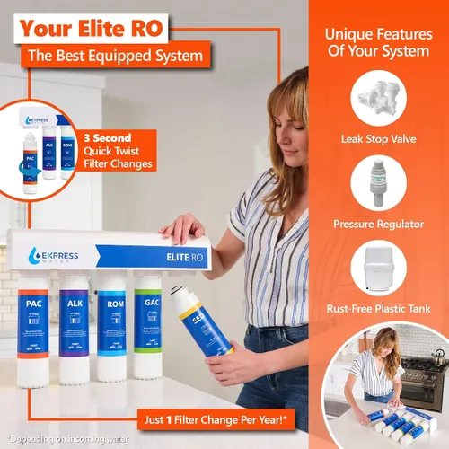 Vista 4 de Express Water Elite RO Sistema de filtración de agua alcalina de ósmosis inversa – Cambio de filtro de giro rápido 9 etapas de RO Filtro de agua