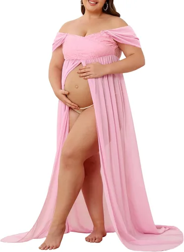 Vista 4 de Vestido de maternidad para sesión de fotos con hombros descubiertos, vestido de gasa con abertura frontal, maxi vestidos de embarazo para fotografía
