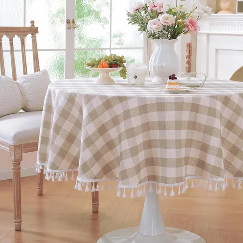 Vista 11 de Laolitou Mantel redondo a cuadros verde, de lino y algodón, con borla, a cuadros de búfalo, lavable, mantel de gingham para sala de estar