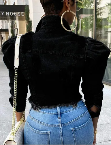 Vista 2 de Omoone Chaqueta de mezclilla de manga abombada rasgada para mujer