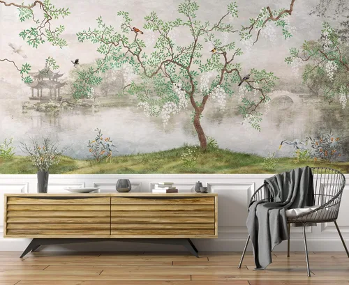 Vista 3 de Murwall Papel pintado de naturaleza japonés jardín mural de pared de paisaje de lago brumoso impresión de pared estilo asiático pájaros arte