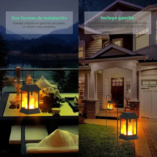 Vista 5 de TomCare Luces solares de metal con llama parpadeante para exteriores, faroles colgantes para exteriores, iluminación decorativa, funciona