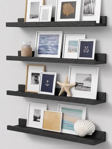 Vista 17 de Forbena Estante de repisa negra para fotos, estantes flotantes con borde para pared, estantes de pared pequeños para baño, dormitorio, cocina