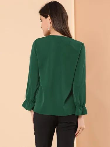 Vista 5 de Allegra K Blusa con volantes para mujer, elegante, cuello en V, manga larga, informal, elegante