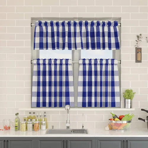 Vista 91 de Cenefas de cortina para ventana de 16 pulgadas de largo, 2 paneles de cuadros búfalo, cortinas pequeñas con bolsillo para barra, estilo clásico