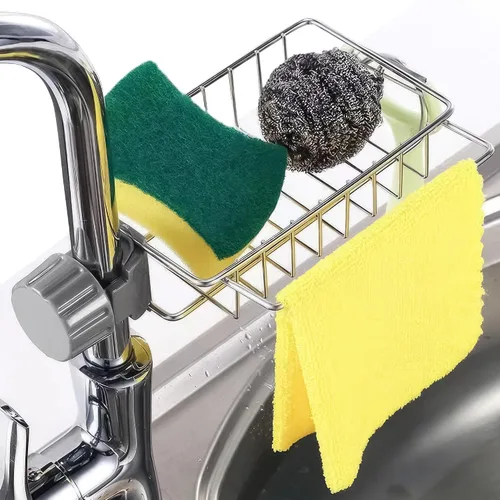 Vista 2 de Soporte de esponja para grifo para fregadero de cocina, se adapta a tubo de 0.78 a 0.98 pulgadas de diámetro, elegante organizador de grifos
