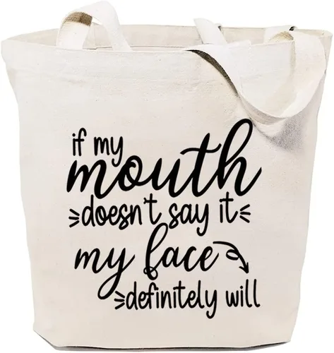 Vista 6 de Bolsa de lona para mujer, bolsas de comestibles reutilizables, refranes divertidos If My Mouth Donot Say It May Face Definiitely Will