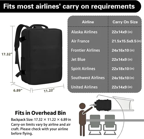 Vista 2 de Mochila de cabina para mujeres y hombres – Aprobada por aerolíneas, tamaño para debajo del asiento, compartimento para portátil de 15.6", apertura
