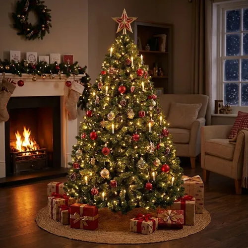 Vista 3 de GAOMON Árbol de Navidad artificial ancho de abeto Fraser preiluminado de Árbol de Navidad artificial esponjoso con 450 luces multicolor, 9 modos