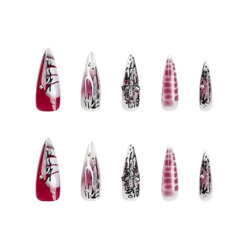 Vista 2 de MISUD Uñas a presión largas tipo Stiletto con pegamento de Rojo Gótico y Negro, diseño gótico cruzado acrílico, 24 piezas 02301Negro y Rojo