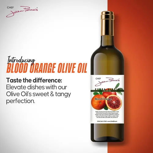 Vista 2 de Chef Jean Pierre's Aceite de oliva de naranja sangre extra virgen – Botella de vidrio de 12.5 onzas – Infundido naturalmente con sabores dulces