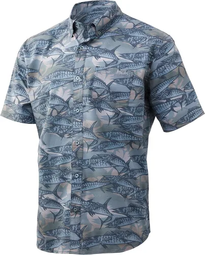 Vista 23 de HUK Camisa Kc Scott estampada Kona, camisa de rendimiento con botones de manga larga para hombre Fish Chaos - Blanco