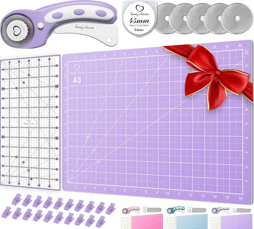 Vista 18 de Juego de cortador giratorio - Kit de acolchado incl. Cortador de tela de 45 mm, 5 cuchillas de repuesto - Ideal para manualidades, costura, parcheo