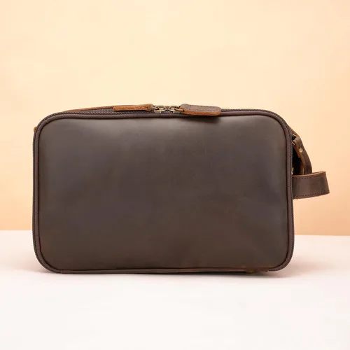 Vista 8 de Polare - Neceser de cuero de grano completo, kit de afeitado, estuche de viaje, bolsa de lavado con cremalleras YKK A- marrón oscuro