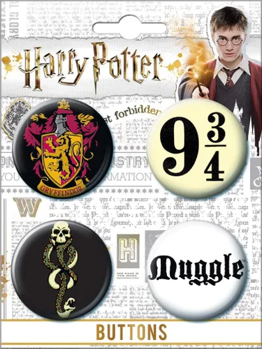 Vista 2 de Ata-Boy Harry Potter Gryffindor, 9 34, marca oscura, juego de cuatro botones coleccionables de 1.25 pulgadas, Multi
