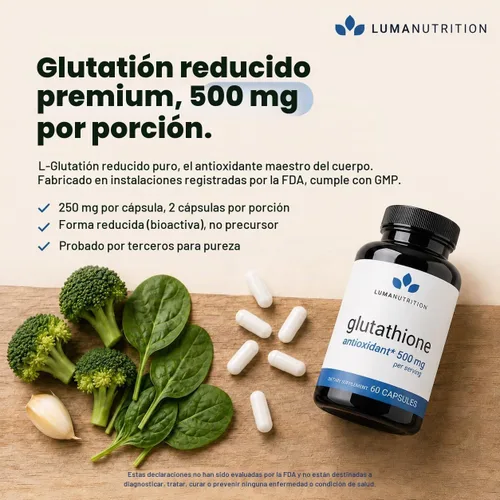 Vista 3 de Luma Nutrition Suplemento premium de glutatión - 500 mg - L-glutatión - Soporte antioxidante - Reducido - Soporte hepático - 60 cápsulas