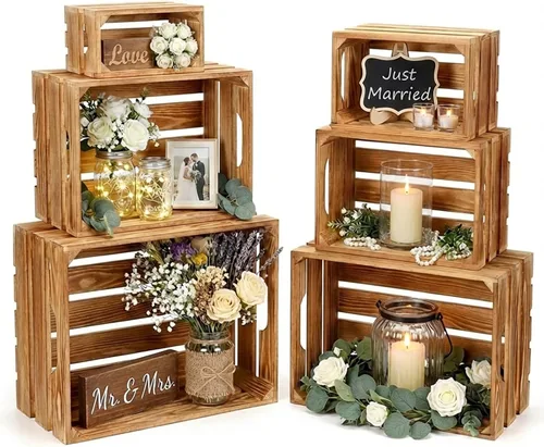 Vista 8 de Juego de 6 cajas decorativas de madera para exhibición, 6 tamaños, cestas de madera rústicas con asa para almacenamiento, contenedor, exhibición