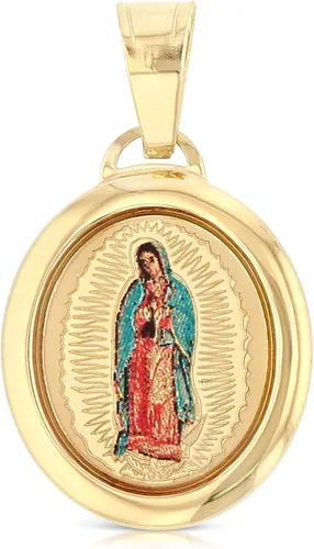 Vista 3 de Ioka Dije de oro amarillo de 14 quilates con dije de imagen esmaltada de Nuestra Señora de Guadalupe con collar de cadena Singapur de 0.035in