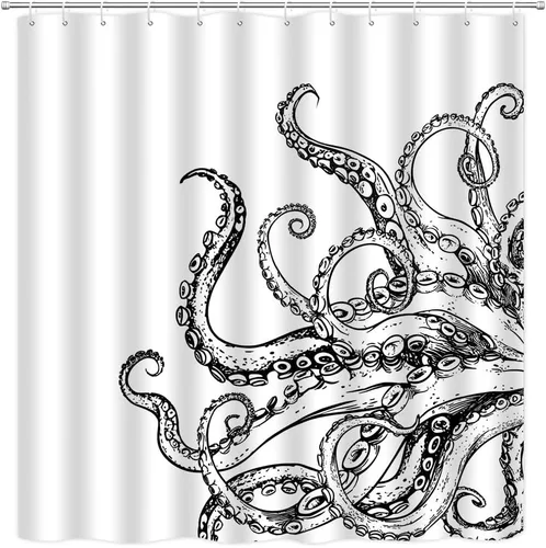 Vista 9 de Cortina de ducha de tentáculo de pulpo, diseño de kraken de océano blanco y negro, divertido animal náutico, vida marina, fresco, moderno, único