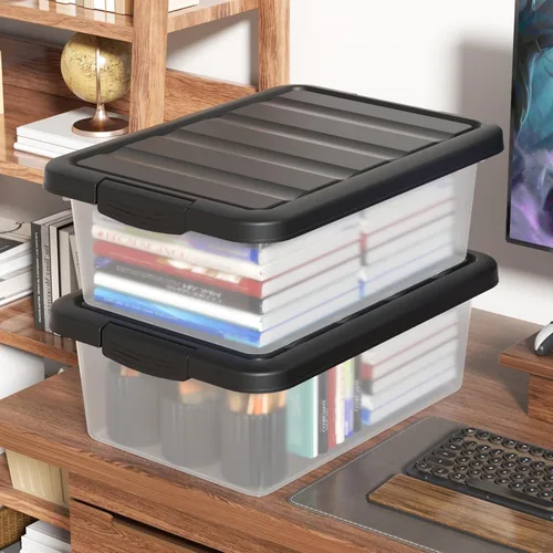 Vista 6 de Cubo de almacenamiento apilable de plástico de 14 cuartos de galón, caja de almacenamiento básica transparente con tapa negra (paquete de 2)