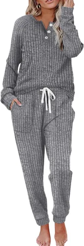 Vista 44 de Wiholl - Conjuntos de dos piezas para mujer: ropa cómoda con sudadera abotonada y pantalones deportivos con bolsillos