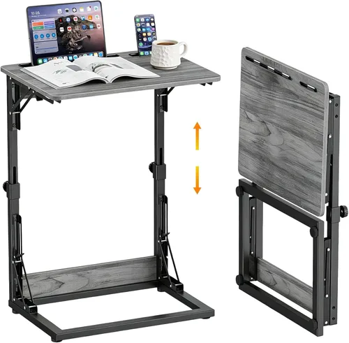 Vista 14 de Mesa plegable para TV, mesa de cena de TV, bandejas de TV de altura ajustable para comer en el sofá, mesa auxiliar en forma de C con ranuras