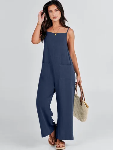 Vista 3 de ANRABESS Overol de lino con bolsillos para mujer, estilo casual, suelto, largo, con pierna ancha