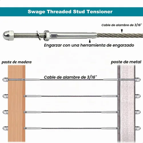 Vista 4 de 3/16 T316 T316 Tensor de acero inoxidable Cable Barandilla Hardware 60pcs para postes de madera y metal